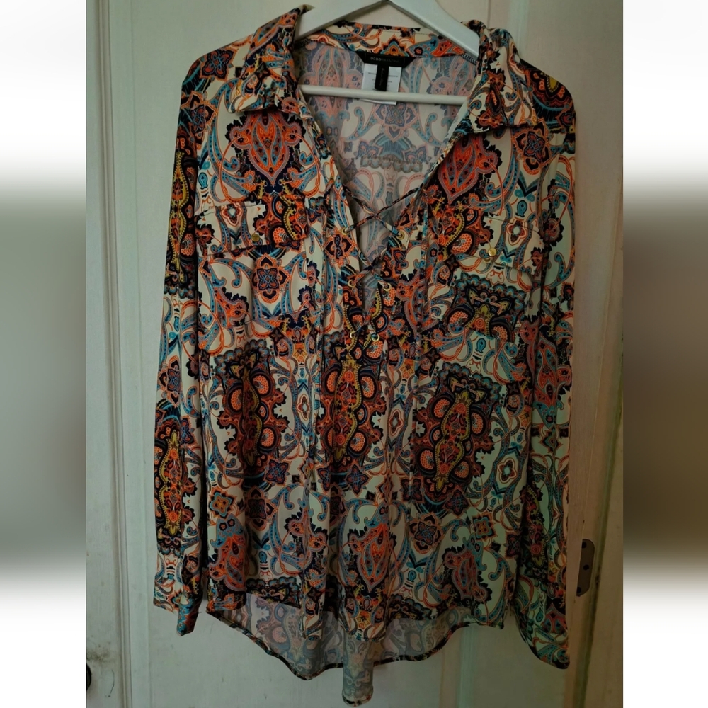 BCBGMaxAzria Orange and Blue Graphic Long Sleeve Blouse